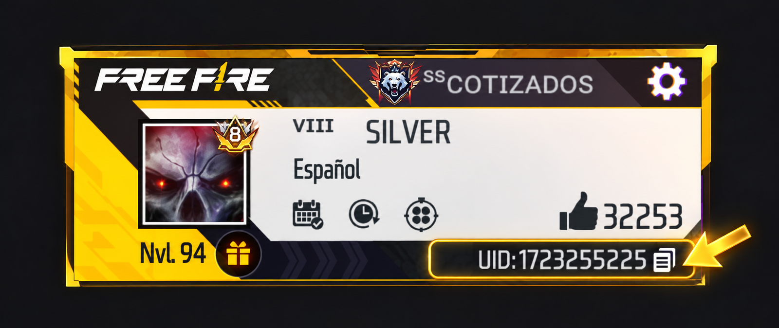Perfil de Free Fire con el UID resaltado